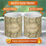 Personalized Custom Name Vintage Distressed Leafy Branch Botanical Seamless Pattern Lovely 11oz Ceramic Coffee Tea Mug White Large Handle