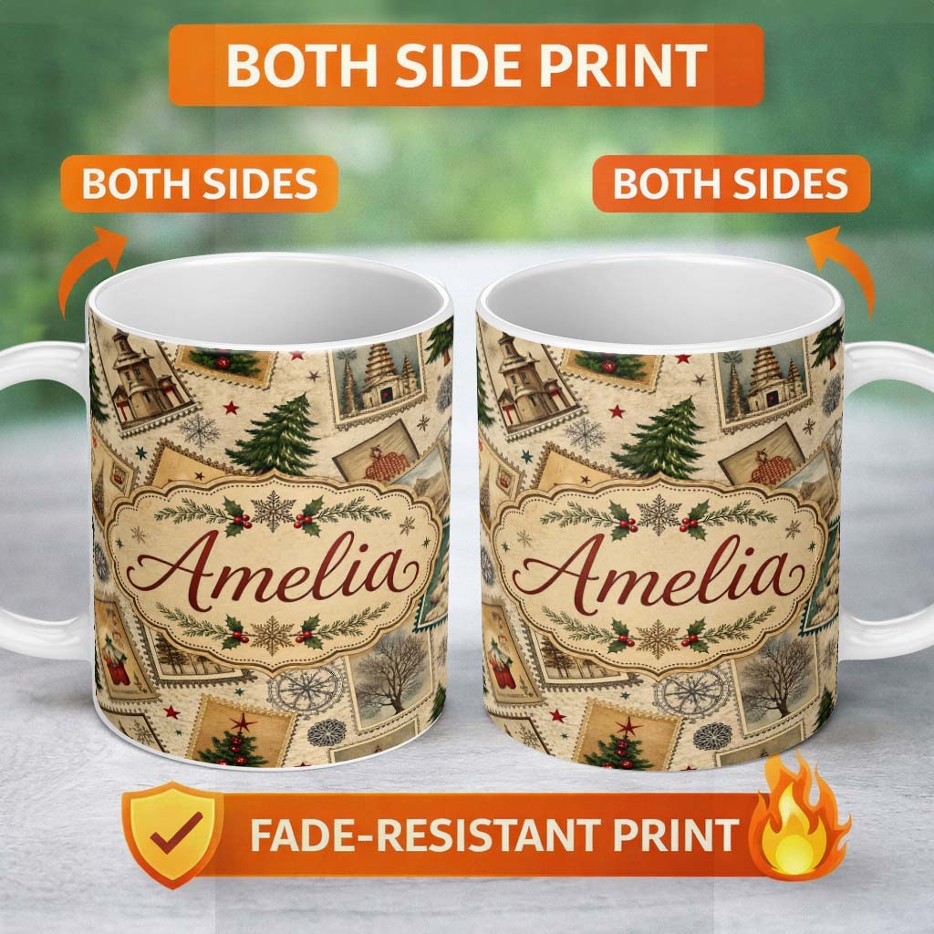 Personalized Custom Name Antique Christmas Postcards Trees Stars Vintage Collage Seamless 11oz Ceramic Coffee Tea Mug White Large Handle