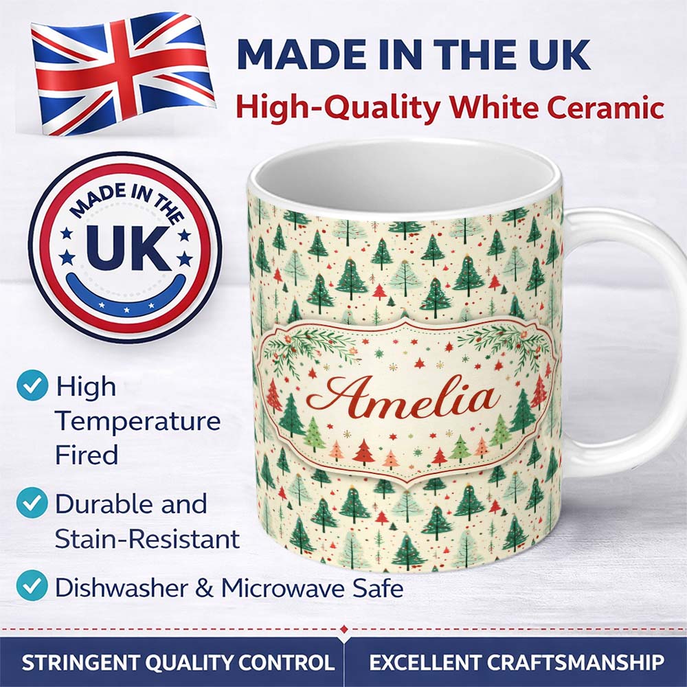 Personalized Custom Name Vintage Christmas Tree Distressed Neutral Seamless Pattern Lovely 11oz Ceramic Coffee Tea Mug White Large Handle
