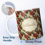 Personalized Custom Name Cream Floral Poinsettia Botanical Vintage Seamless Pattern Lovely 11oz Ceramic Coffee Tea Mug White Large Handle