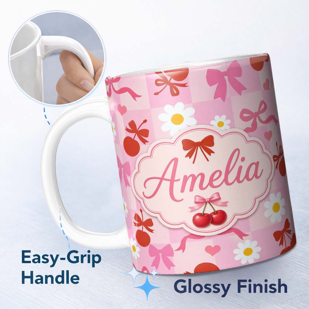 Personalized Custom Name Cute Cherry Bow Daisy Heart Seamless Pattern on Soft Pink Gingham 11oz Ceramic Coffee Tea Mug White Large Handle