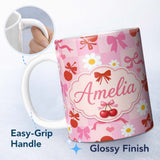 Personalized Custom Name Cute Cherry Bow Daisy Heart Seamless Pattern on Soft Pink Gingham 11oz Ceramic Coffee Tea Mug White Large Handle
