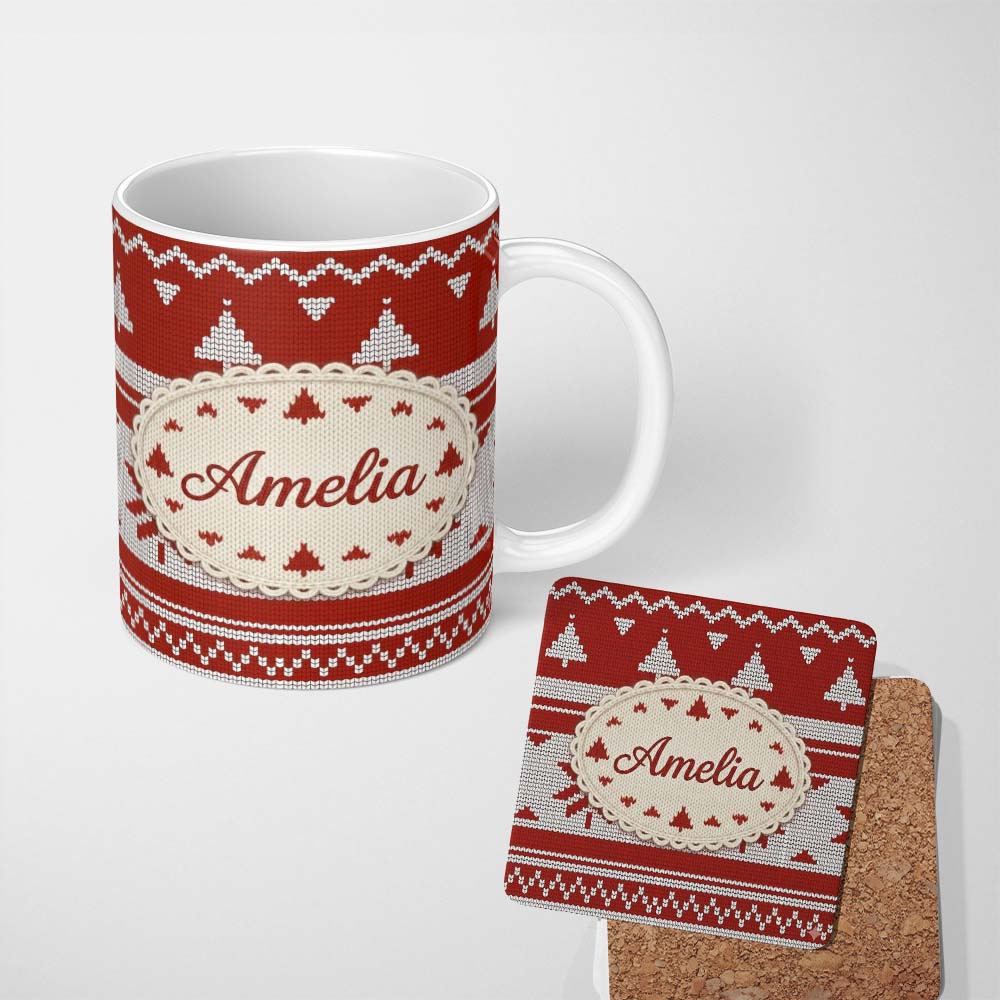Personalized Custom Name Cute Red White Nordic Snowflake Winter Knitted Seamless Pattern 11oz Ceramic Coffee Tea Mug White Large Handle