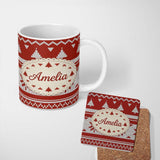 Personalized Custom Name Cute Red White Nordic Snowflake Winter Knitted Seamless Pattern 11oz Ceramic Coffee Tea Mug White Large Handle