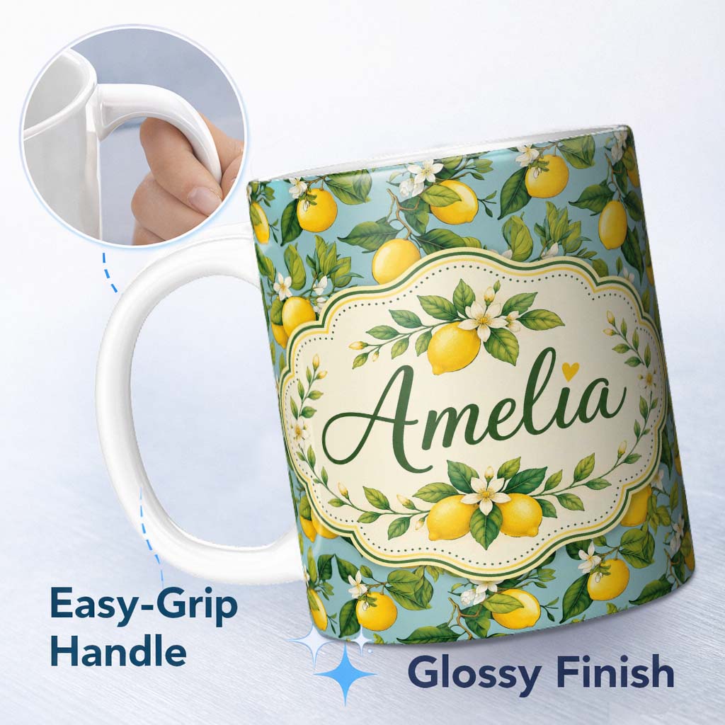 Personalized Custom Name Vintage Lemon Tree Branches on Blue Background Botanical Seamless 11oz Ceramic Coffee Tea Mug White Large Handle