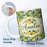 Personalized Custom Name Vintage Lemon Tree Branches on Blue Background Botanical Seamless 11oz Ceramic Coffee Tea Mug White Large Handle