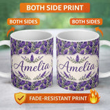 Personalized Custom Name Bold Purple Lavender Floral Seamless Pattern with Dense Botanical 11oz Ceramic Coffee Tea Mug White Large Handle