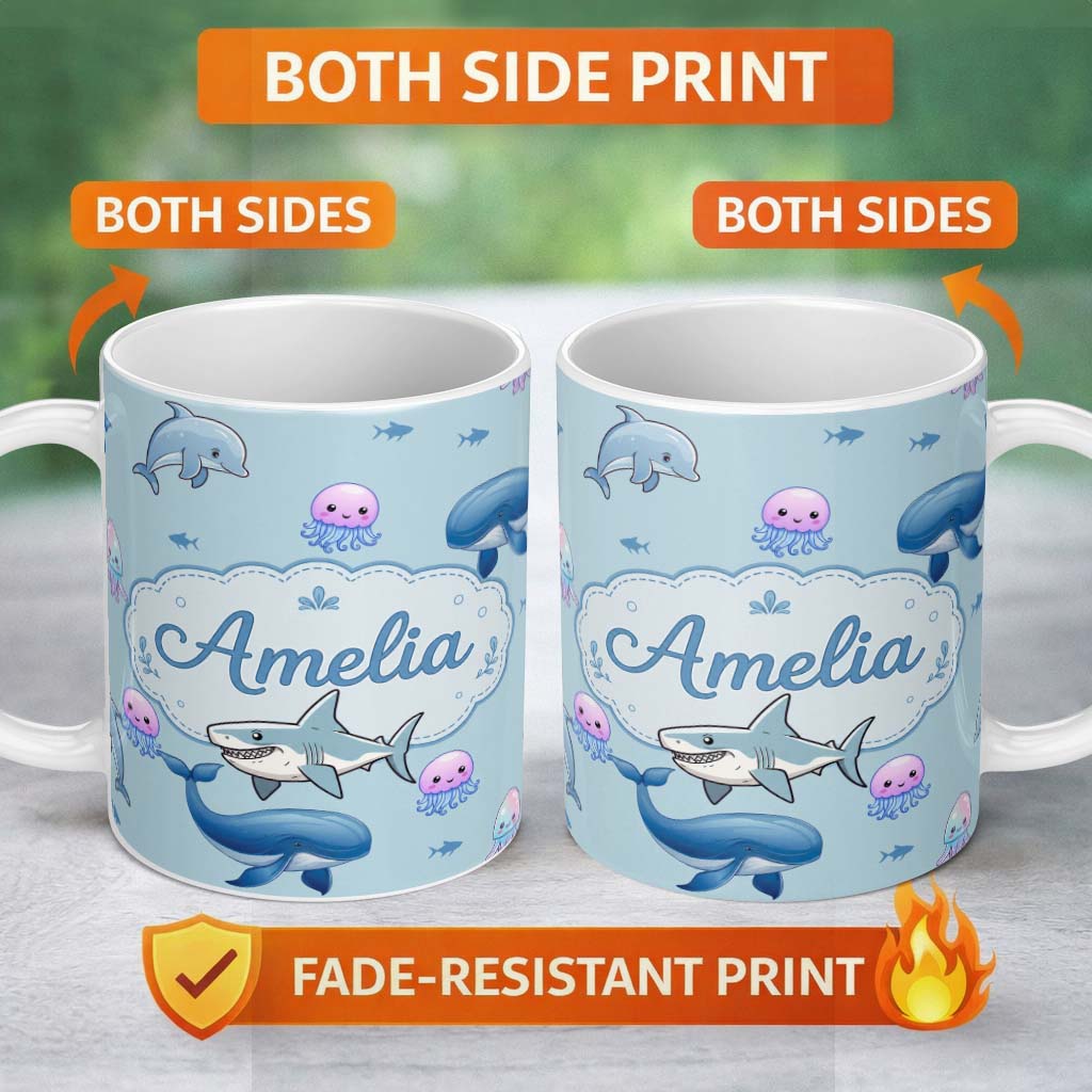 Personalized Custom Name Cute Dolphin Shark and Jellyfish Ocean Animals Seamless Pattern 11oz Ceramic Coffee Tea Mug White Large Handle