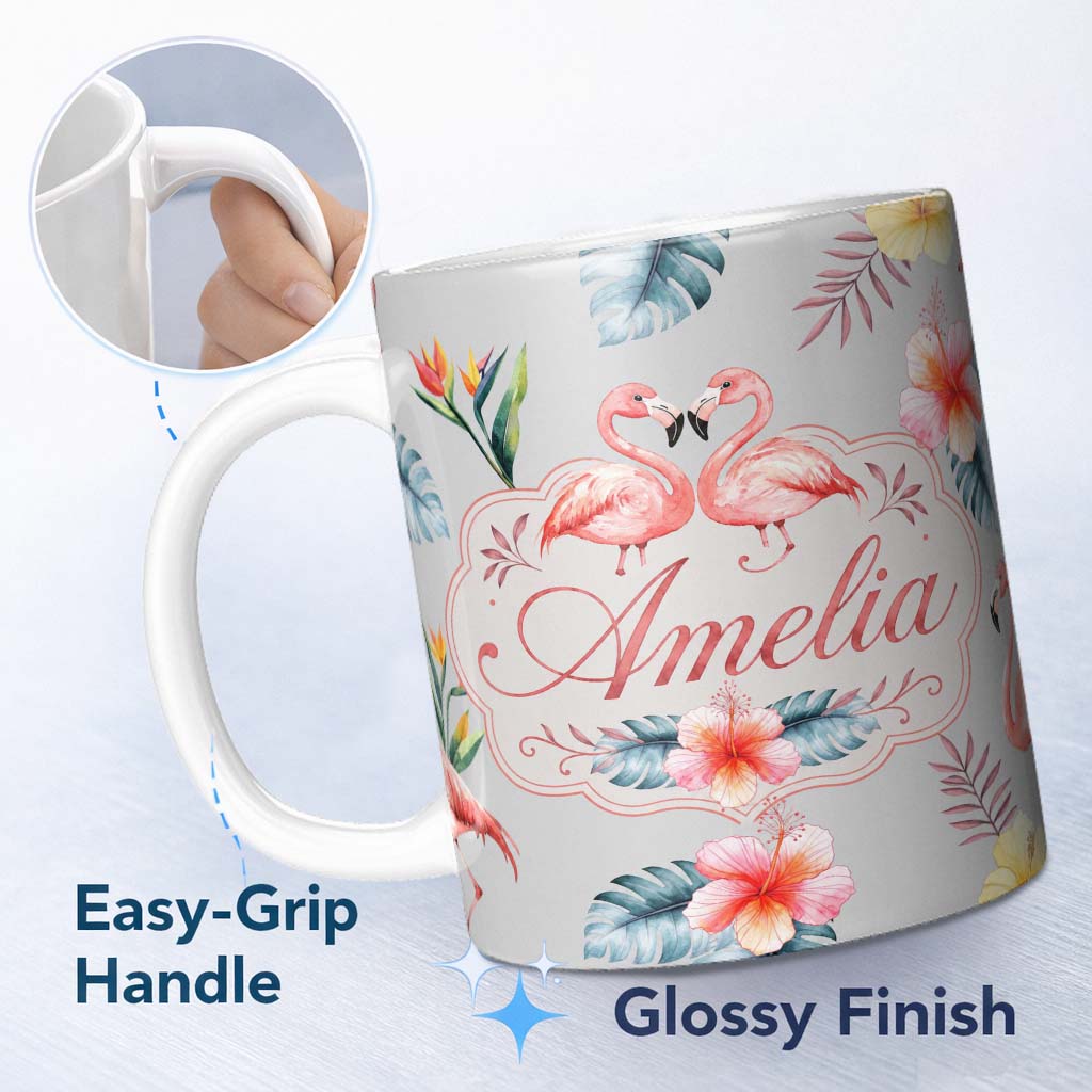 Personalized Custom Name Elegant Pink Flamingos Tropical Flowers on Grey Background Seamless 11oz Ceramic Coffee Tea Mug White Large Handle