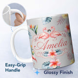 Personalized Custom Name Elegant Pink Flamingos Tropical Flowers on Grey Background Seamless 11oz Ceramic Coffee Tea Mug White Large Handle