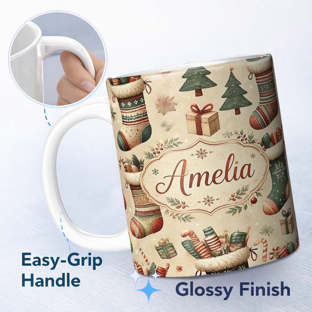Personalized Custom Name Cozy Christmas Stockings Gifts Candy Canes Seamless Pattern Lovely 11oz Ceramic Coffee Tea Mug White Large Handle