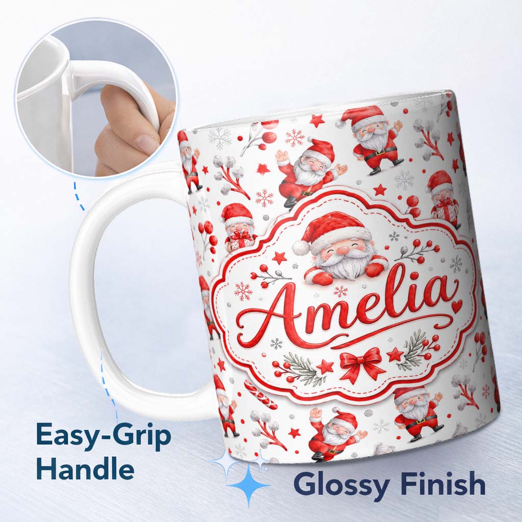 Personalized Custom Name Cute Santa Claus Gift Stars Snowflakes Seamless Pattern Lovely 11oz Ceramic Coffee Tea Mug White Large Handle
