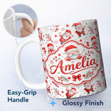 Personalized Custom Name Cute Santa Claus Gift Stars Snowflakes Seamless Pattern Lovely 11oz Ceramic Coffee Tea Mug White Large Handle