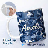 Personalized Custom Name Navy Blue Camouflage Layered Seamless Pattern Thoughtful Gift Idea 11oz Ceramic Coffee Tea Mug White Large Handle