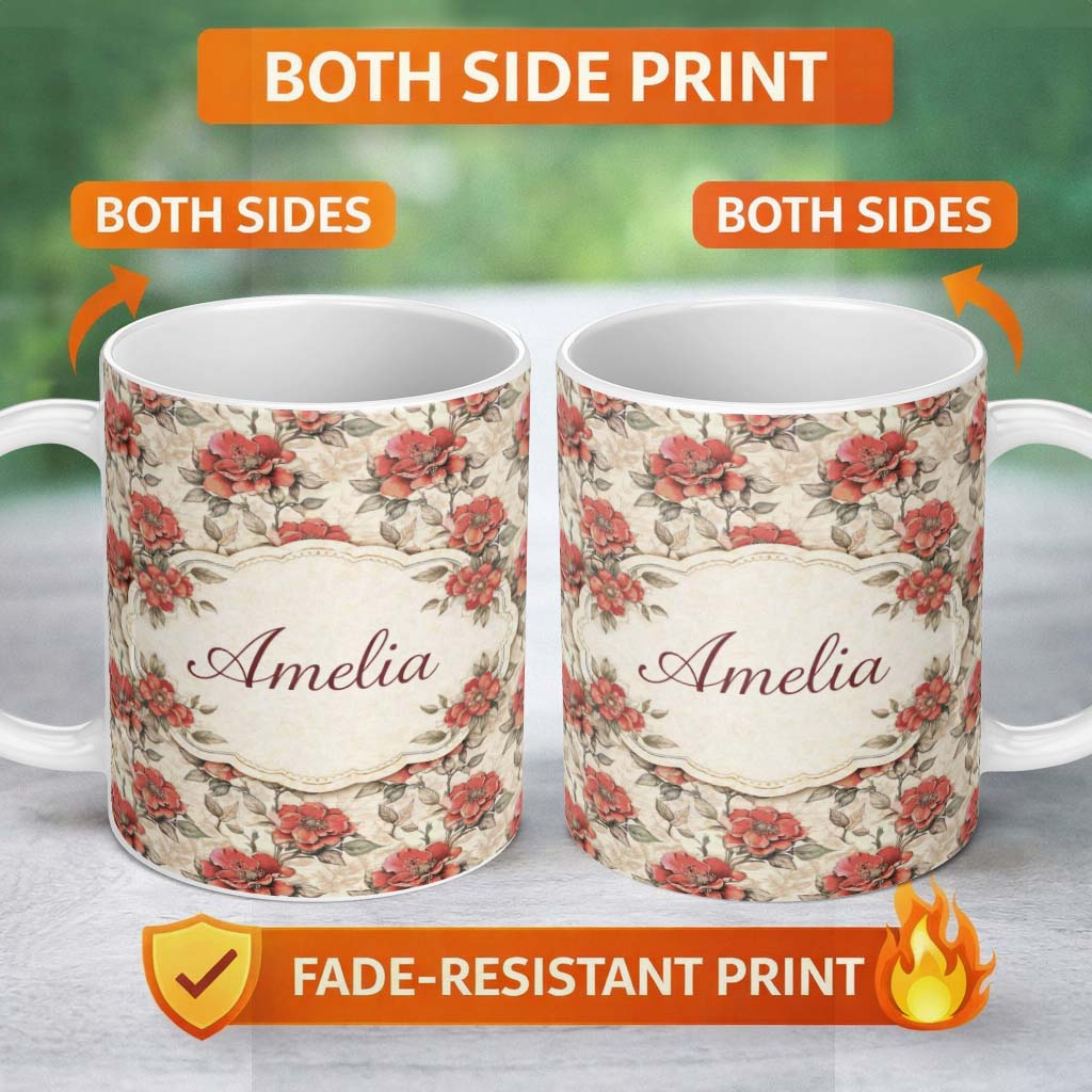 Personalized Custom Name Soft Pink Rose Botanical Seamless Pattern Thoughtful Gift Idea 11oz Ceramic Coffee Tea Mug White Large Handle