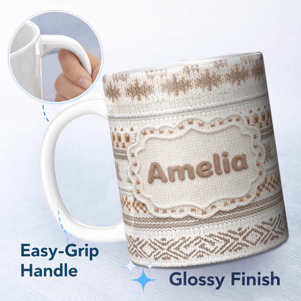 Personalized Custom Name Neutral Beige Knitted Nordic Winter Fair Isle Seamless Pattern 11oz Ceramic Coffee Tea Mug White Large Handle