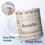 Personalized Custom Name Neutral Beige Knitted Nordic Winter Fair Isle Seamless Pattern 11oz Ceramic Coffee Tea Mug White Large Handle