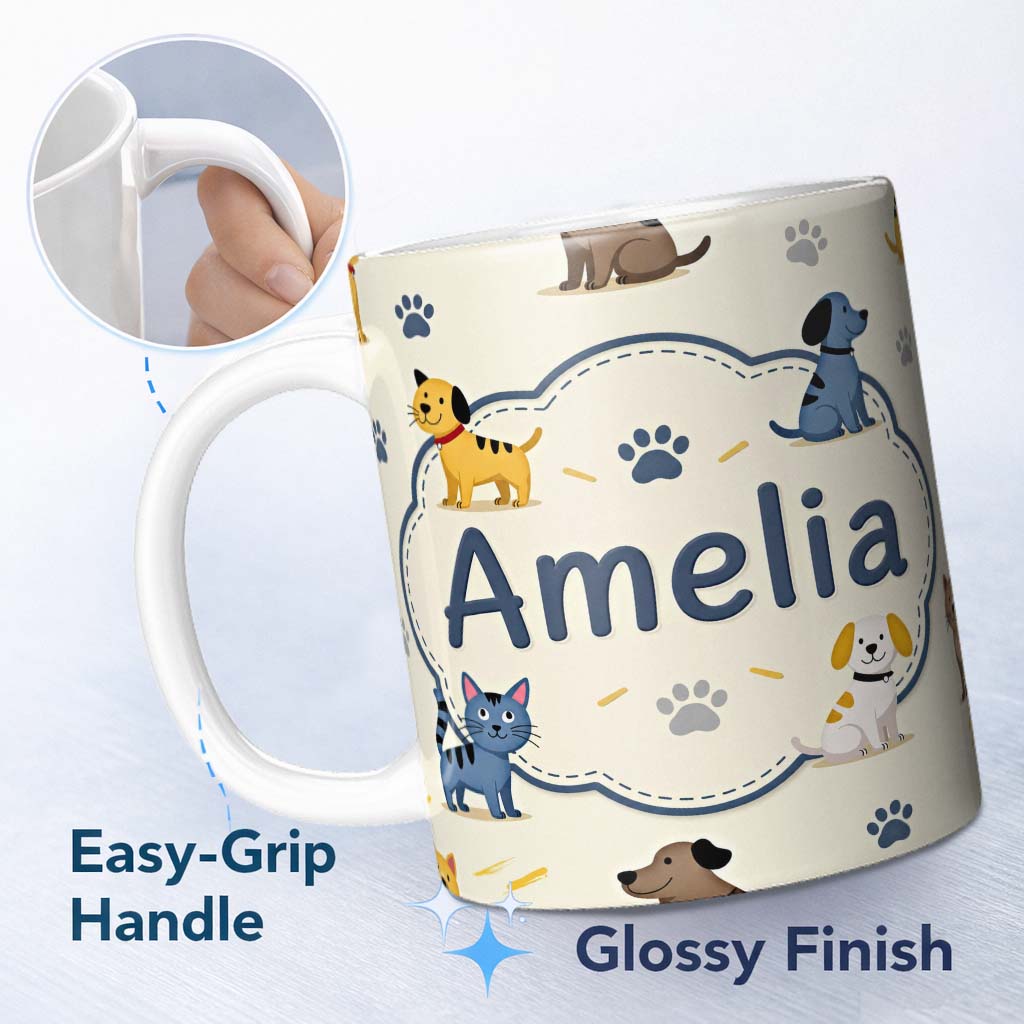 Personalized Custom Name Cute Dogs and Cats with Paw Prints Playful Pet Seamless Pattern 11oz Ceramic Coffee Tea Mug White Large Handle