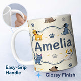 Personalized Custom Name Cute Dogs and Cats with Paw Prints Playful Pet Seamless Pattern 11oz Ceramic Coffee Tea Mug White Large Handle
