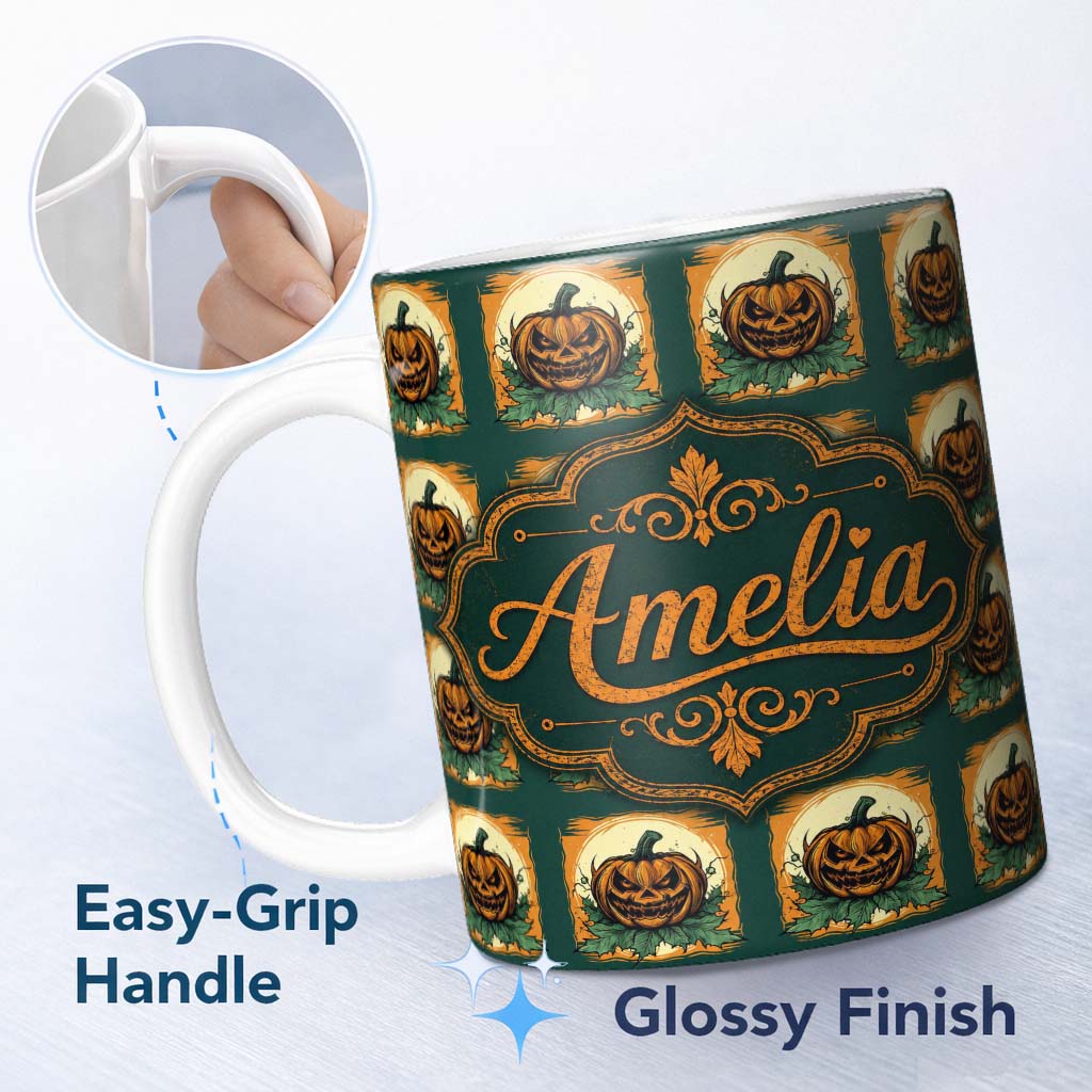 Personalized Custom Name Vintage Halloween Pumpkin Leaves Frame Dark Green Seamless Pattern 11oz Ceramic Coffee Tea Mug White Large Handle