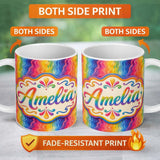 Personalized Custom Name Abstract Rainbow Wavy Gradient Flow Seamless Pattern Lovely 11oz Ceramic Coffee Tea Mug White Large Handle