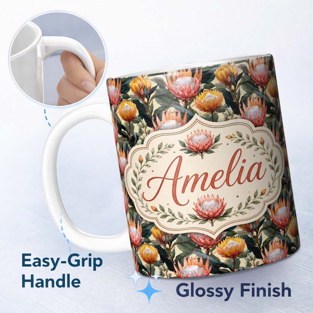 Personalized Custom Name Vibrant Tropical Protea Blooms with Dark Foliage Seamless Pattern 11oz Ceramic Coffee Tea Mug White Large Handle