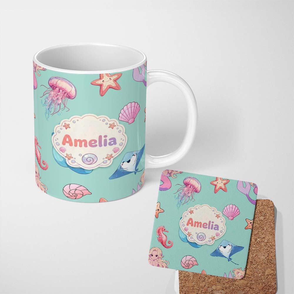 Personalized Custom Name Mermaid Ocean Friends Jellyfish Starfish Mint Green Background 11oz Ceramic Coffee Tea Mug White Large Handle