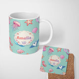 Personalized Custom Name Mermaid Ocean Friends Jellyfish Starfish Mint Green Background 11oz Ceramic Coffee Tea Mug White Large Handle