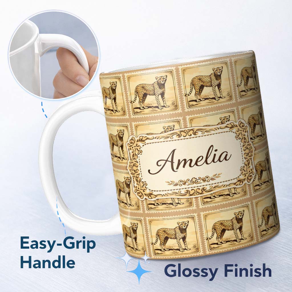 Personalized Custom Name Antique Cheetah Postage Stamp Sepia Safari Wildlife Seamless Pattern 11oz Ceramic Coffee Tea Mug White Large Handle