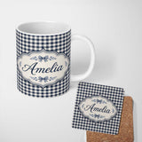 Personalized Custom Name Blue Geometric Heart Tile Symmetry Seamless Pattern Cute Unique Gift 11oz Ceramic Coffee Tea Mug White Large Handle