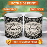 Personalized Custom Name Luxury Black and Silver Floral Baroque Seamless Pattern Lovely 11oz Ceramic Coffee Tea Mug White Large Handle