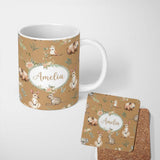 Personalized Custom Name Woodland Animals Koala Kangaroo Bear Floral Beige Seamless Pattern 11oz Ceramic Coffee Tea Mug White Large Handle