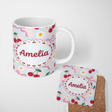 Personalized Custom Name Cute Cherry and Daisy Flowers with Pink Ribbon Bows Blue Check 11oz Ceramic Coffee Tea Mug White Large Handle