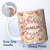 Personalized Custom Name Cute Kawaii Bunny Donuts Strawberry Dessert Pattern Pastel Yellow 11oz Ceramic Coffee Tea Mug White Large Handle