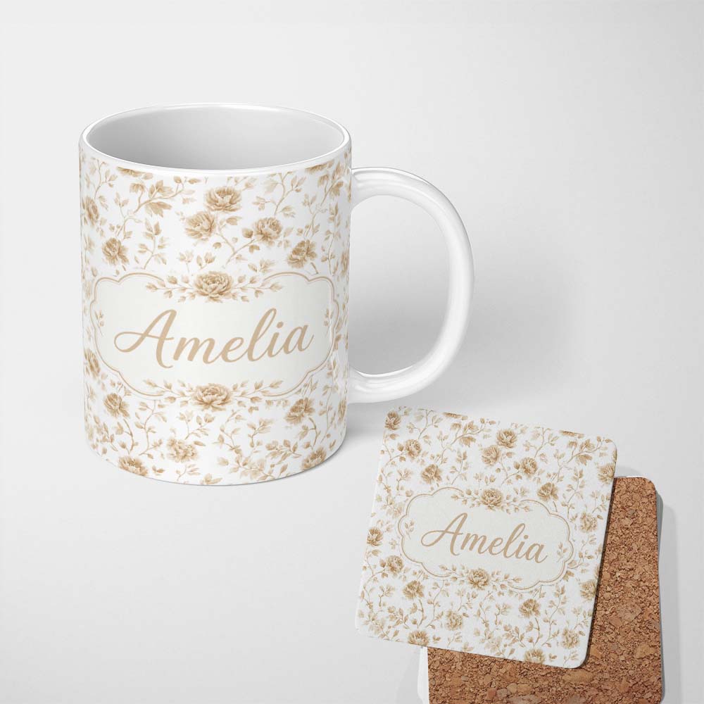 Personalized Custom Name Vintage Beige Floral Botanical Elegant Seamless Pattern Lovely 11oz Ceramic Coffee Tea Mug White Large Handle