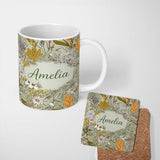 Personalized Custom Name Vintage Botanical Floral Sage Green Detailed Seamless Pattern Lovely 11oz Ceramic Coffee Tea Mug White Large Handle