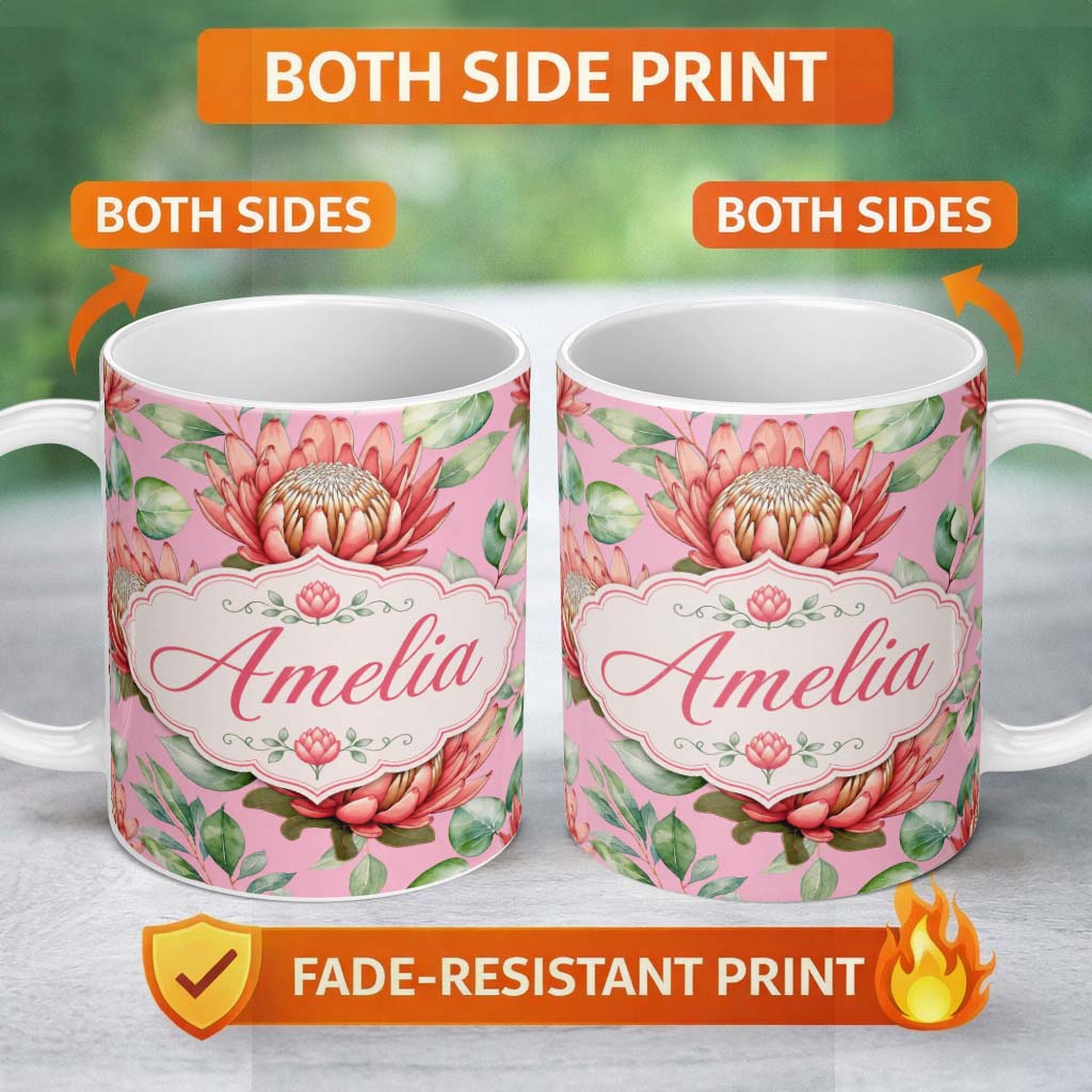 Personalized Custom Name Coral Protea Flowers on Rose Pink Background Seamless Botanical 11oz Ceramic Coffee Tea Mug White Large Handle