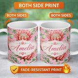 Personalized Custom Name Coral Protea Flowers on Rose Pink Background Seamless Botanical 11oz Ceramic Coffee Tea Mug White Large Handle