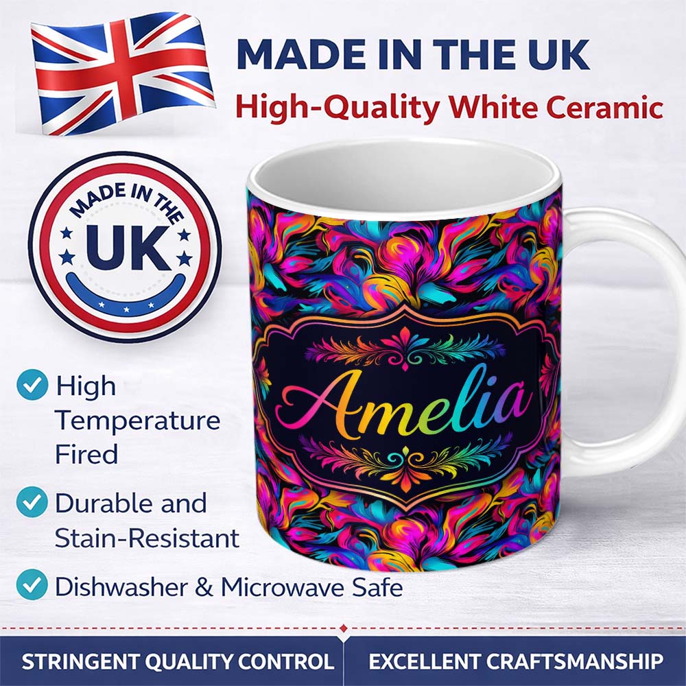 Personalized Custom Name Abstract Fluid Paint Swirl Neon Colors on Dark Background Seamless 11oz Ceramic Coffee Tea Mug White Large Handle