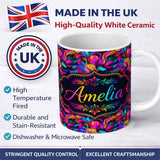 Personalized Custom Name Abstract Fluid Paint Swirl Neon Colors on Dark Background Seamless 11oz Ceramic Coffee Tea Mug White Large Handle