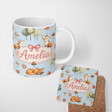 Personalized Custom Name Watercolor Woodland Fox Mushroom Autumn Seamless Pattern on Blue 11oz Ceramic Coffee Tea Mug White Large Handle