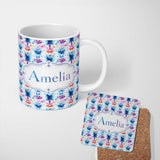 Personalized Custom Name Blue Purple Watercolor Floral Abstract Artistic Seamless Pattern 11oz Ceramic Coffee Tea Mug White Large Handle