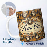 Personalized Custom Name Geometric Tribal Monkey Head Pattern in Mustard and Teal Square 11oz Ceramic Coffee Tea Mug White Large Handle
