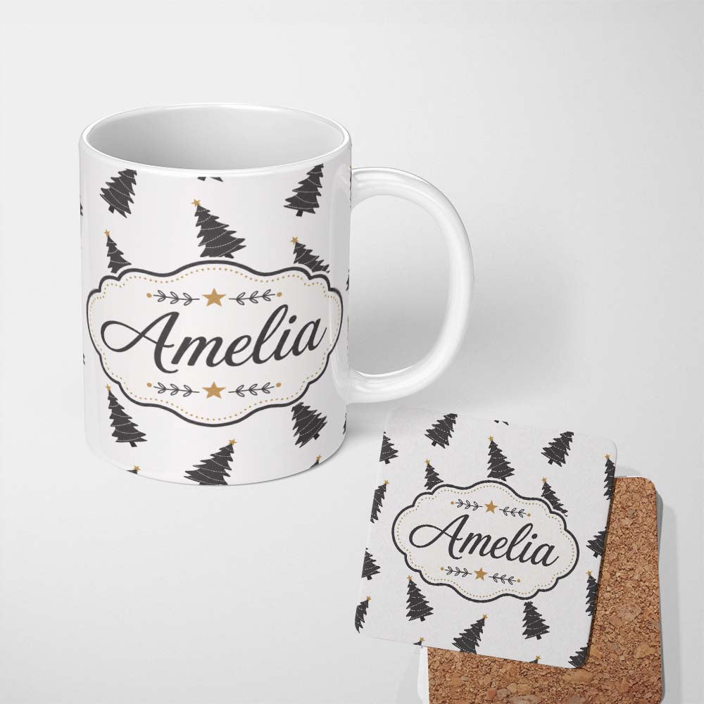 Personalized Custom Name Minimal Black Christmas Trees Gold Star Seamless Pattern Lovely 11oz Ceramic Coffee Tea Mug White Large Handle
