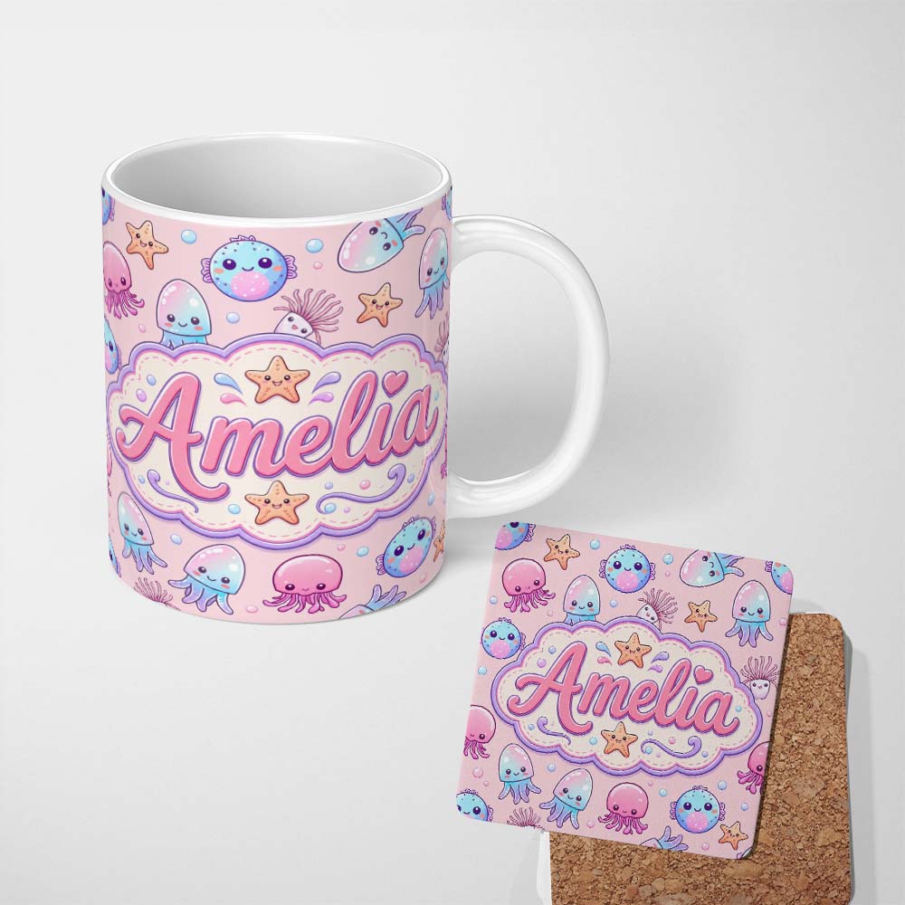Personalized Custom Name Kawaii Jellyfish Puffer Fish Starfish Pastel Ocean Creatures Pink 11oz Ceramic Coffee Tea Mug White Large Handle