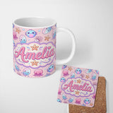 Personalized Custom Name Kawaii Jellyfish Puffer Fish Starfish Pastel Ocean Creatures Pink 11oz Ceramic Coffee Tea Mug White Large Handle