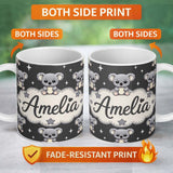 Personalized Custom Name Cute Koala Bears with Stars Dark Grey Background Seamless Pattern 11oz Ceramic Coffee Tea Mug White Large Handle