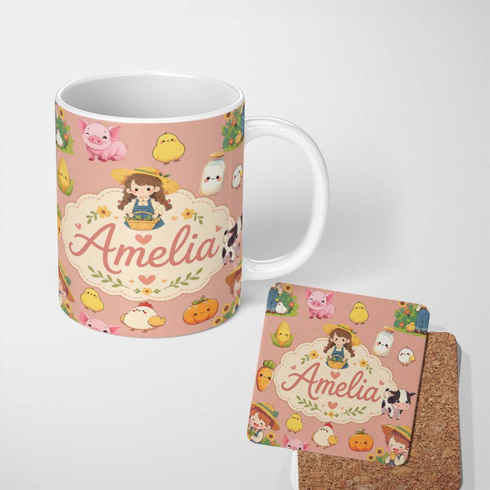 Personalized Custom Name Cute Farm Animals Girl Pig Cow Chicken Peach Background Seamless 11oz Ceramic Coffee Tea Mug White Large Handle