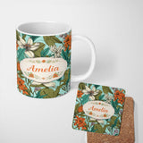 Personalized Custom Name Tropical Floral Leaves Blue Background Seamless Pattern Lovely 11oz Ceramic Coffee Tea Mug White Large Handle