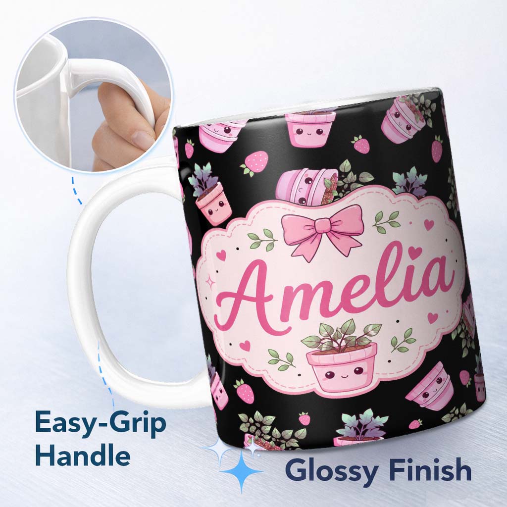 Personalized Custom Name Cute Pink Plant Pots Leaves Strawberry Seamless Pattern Black Lovely 11oz Ceramic Coffee Tea Mug White Large Handle